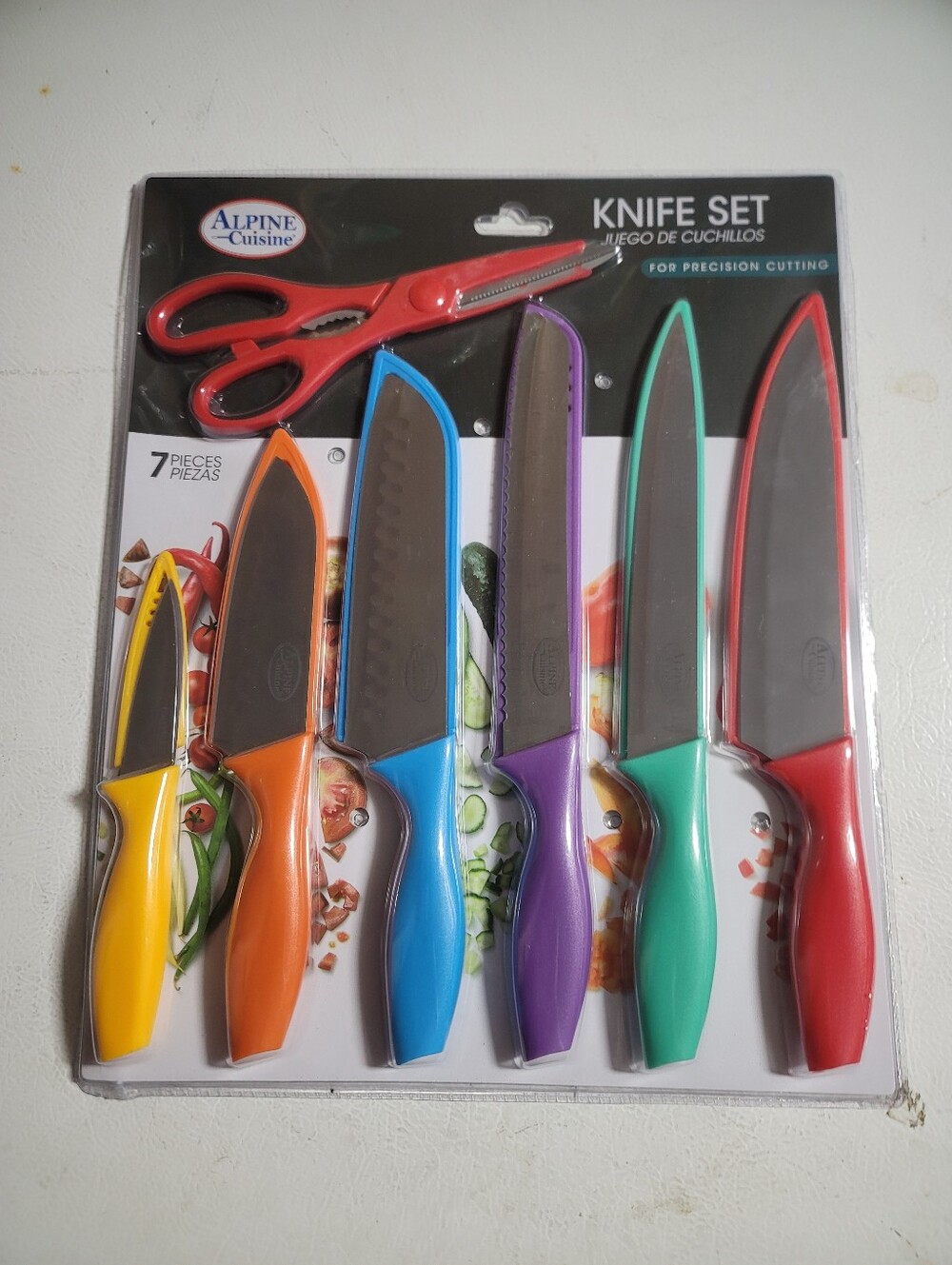 7-Piece Colorful Knife Set with Red Kitchen Shears